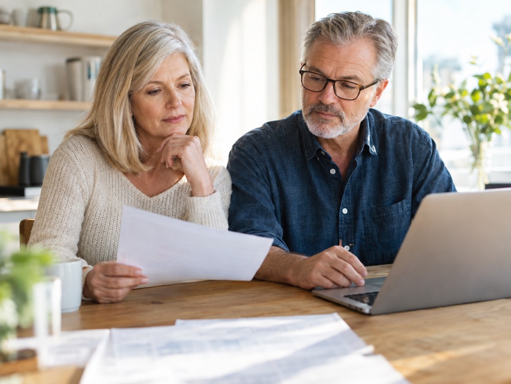 Retired couple reviewing retirement paperwork at the kitchen table