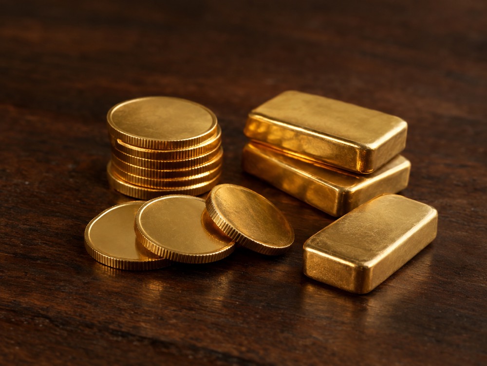Gold coins and small gold bars on a walnut table