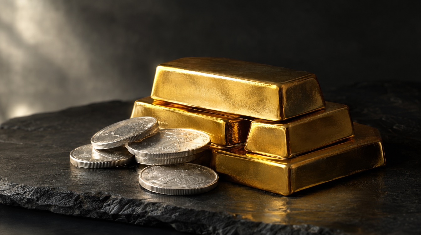 Gold bars and silver coins on a slate stone surface